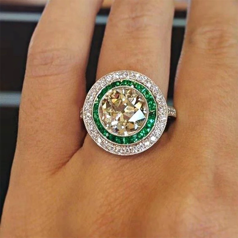 

Luxury Big Round Crystal Ring with 925 Silver Material Trendy 3 Circle Champagne/Green/White Zircon Anillos for Women Best Gifts