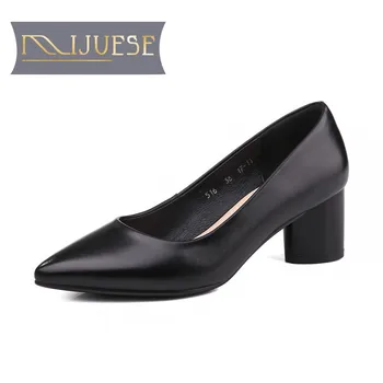 

MLJUESE 2018 women pumps Genuine leather slip on Office&Career autumn spring high heels cow leather shoes size 34-43