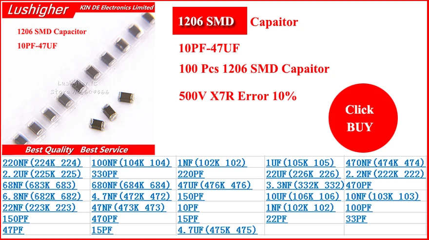 50PCS SMD/SMT 1206 Capacitors 471K 470PF X7R 1000V 1KV 10% Ceramic Capacitors