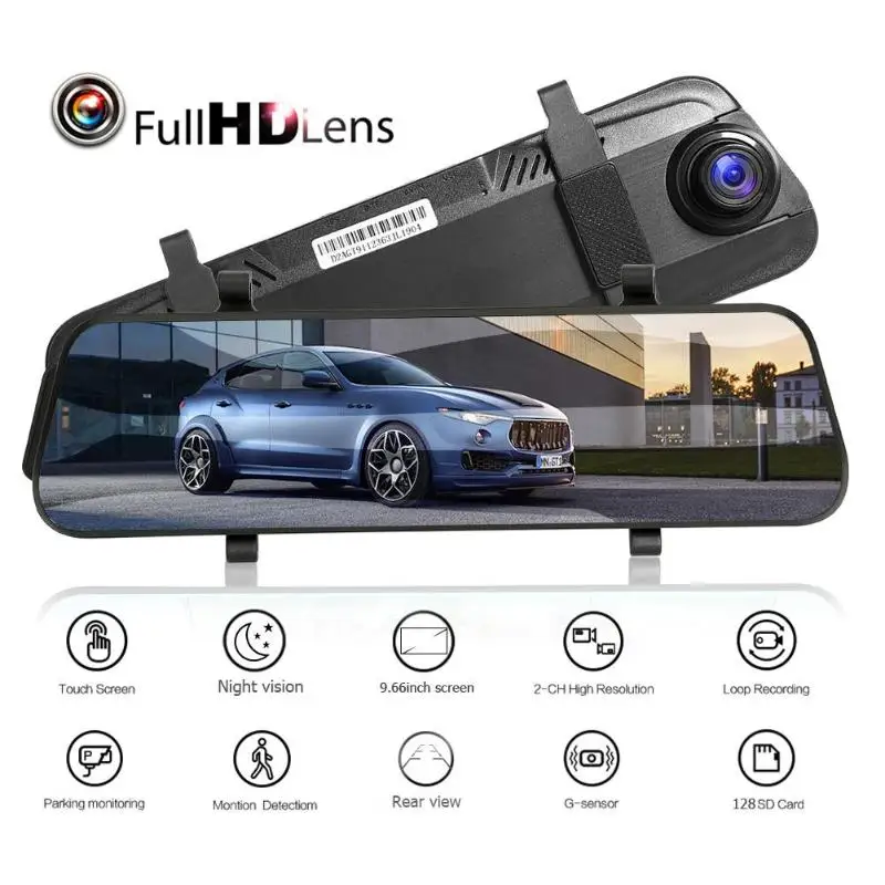 9,66 дюймов Автомобильный видеорегистратор с сенсорным экраном камера 1080p фронтальная+ 720p задняя двойная линза видеорегистратор зеркало заднего вида Dashcam