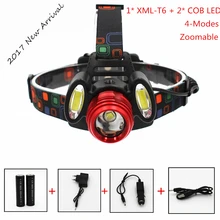 1200LM светодиодная фара 1x XML-T6+ 2x COB Светодиодный фонарь с зумом Головной фонарь для рыбалки фонарик 18650 Батарея+ Автомобильное зарядное устройство от сети переменного тока с usb-разъемом