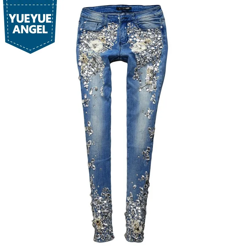 S-5XL Women Jeans Rhinestone Elastic Pencil Slim Skinny Spring