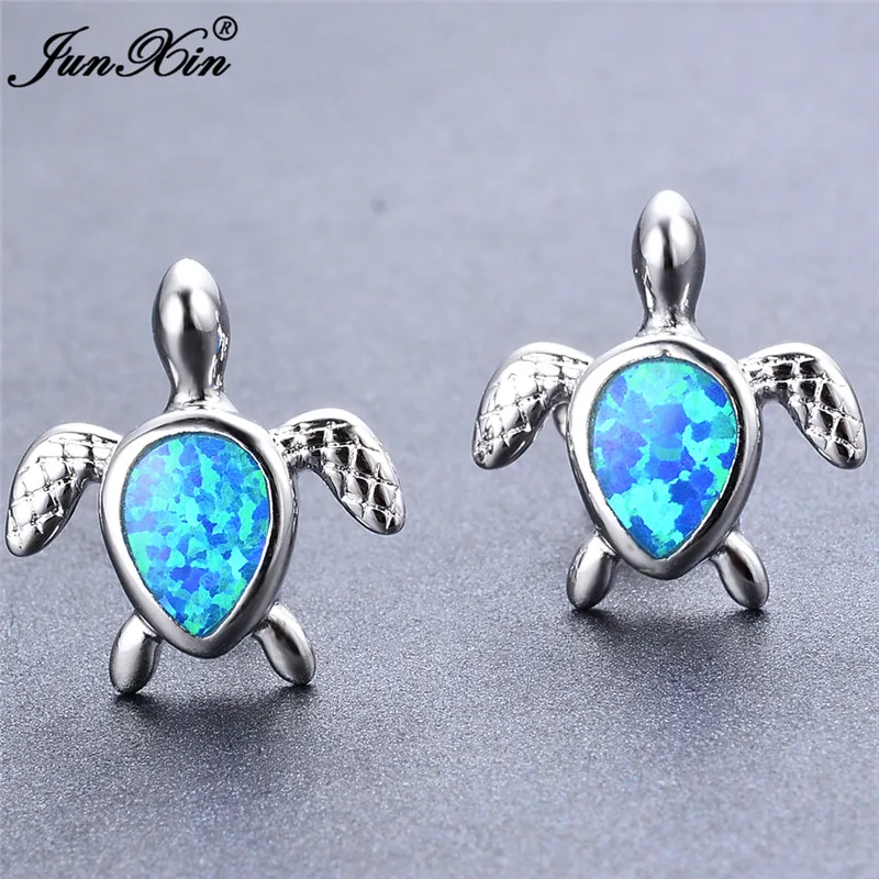 Junxin Синий/Белый огненный опал черепаха Серьги Для женщин 925 серебро заполнено Малый Серьги-гвоздики милые животные ювелирные изделия Интимные аксессуары