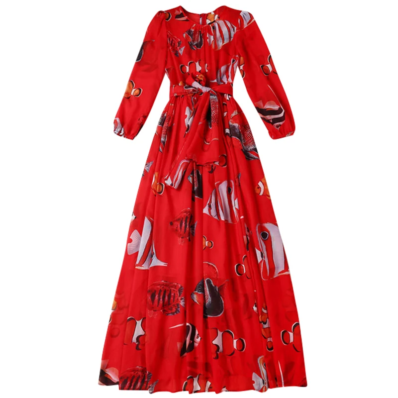 

Women Maxi Dress 2018 High Quality O-Neck Full Sleeve Fish Printed Long Dress Vestidos DX0327N