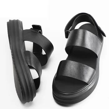 

2018 Summer Men's Sandals Genuine Leather Simple Black Comfortable Man Beach Shoes black Gladiator Open-toed Rome Sandals Men