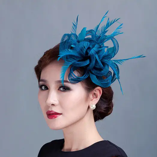 Women Teal Loop Sinamay Hair Fascinators With Feathers Hair Clip