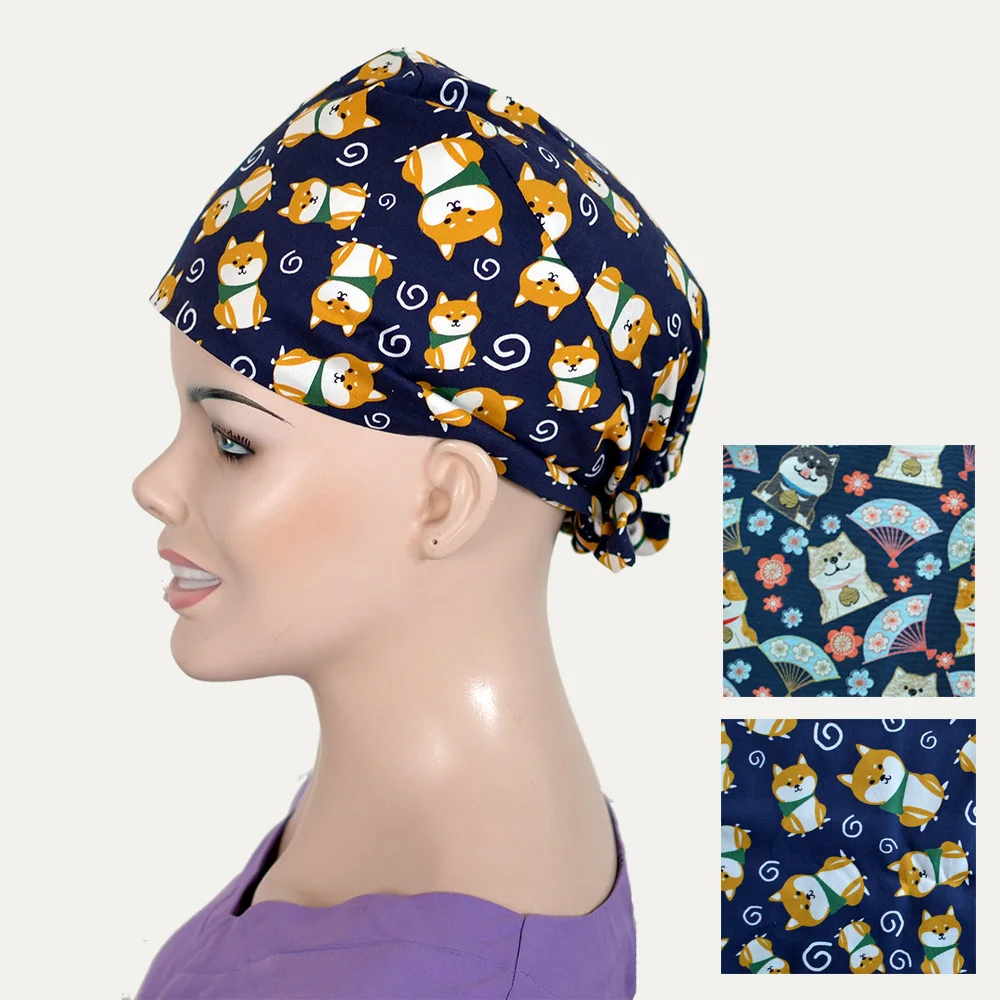 

Surgical Cap Medical Doctor Dentists Work Hat Akita Dog Print Flat Top with Tie Back 100% Cotton Skin Fabric One Size Skull Cap