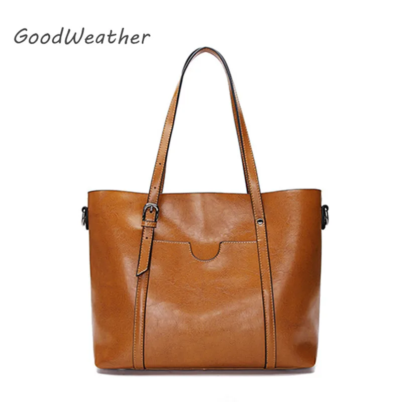 High quality brown genuine leather tote bag for women 2017 fashion