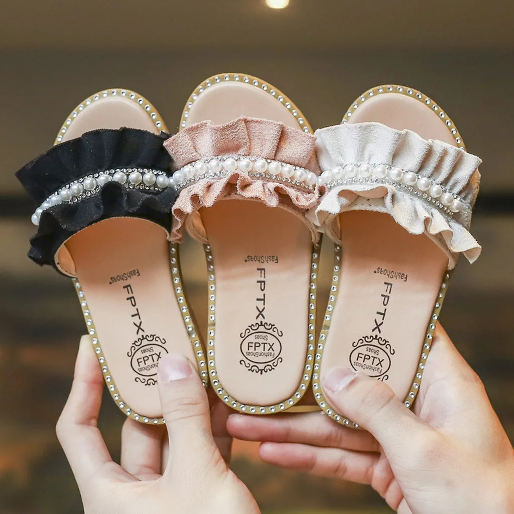 Kids Sandals Toddler Baby Girls Sandals Pearls Crystal Ruffles Princess Shoes Slippers Comfortable Casual Summer Shoes