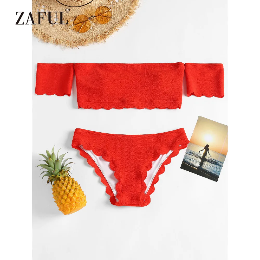 

ZAFUL Textured Bikini Scalloped Off The Shoulder Swimwear Women Swimwsuit Padded Bathing Suit Biquni Grapefruit maillot de bain