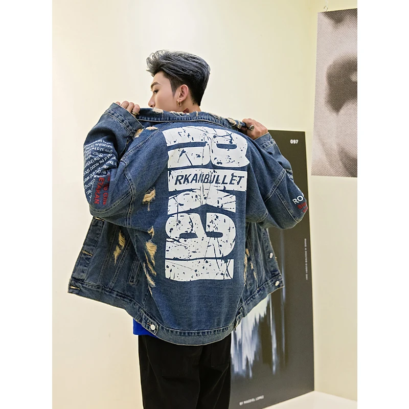 UNCLEDONJM Destroyed outerwear coat mens clothing Letter urban streetwear hip hop jacket for men ripped jeans jacket men 230W