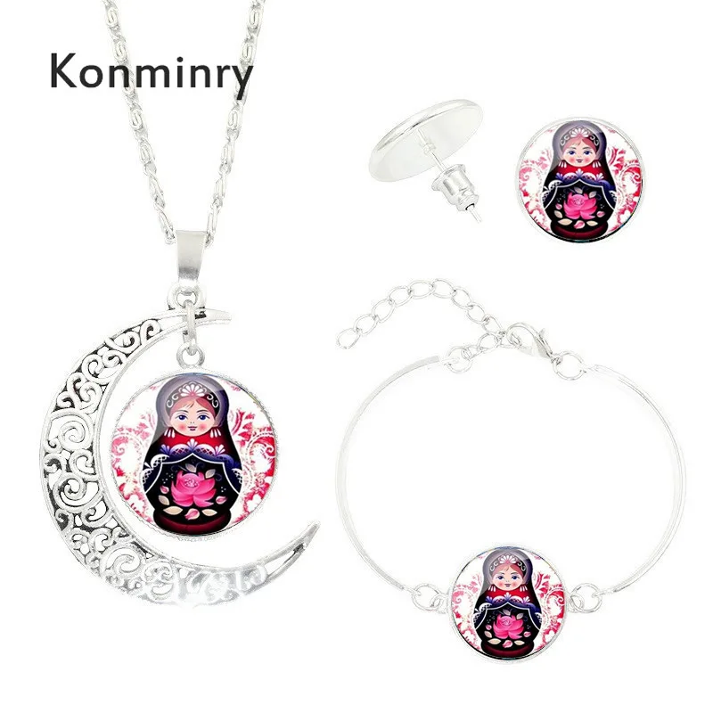 Konminry традиционные русские украшения для кукол набор стеклянная подвеска Матрешка ожерелье в форме Луны серьги наборы для девочек и женщин - Окраска металла: 11