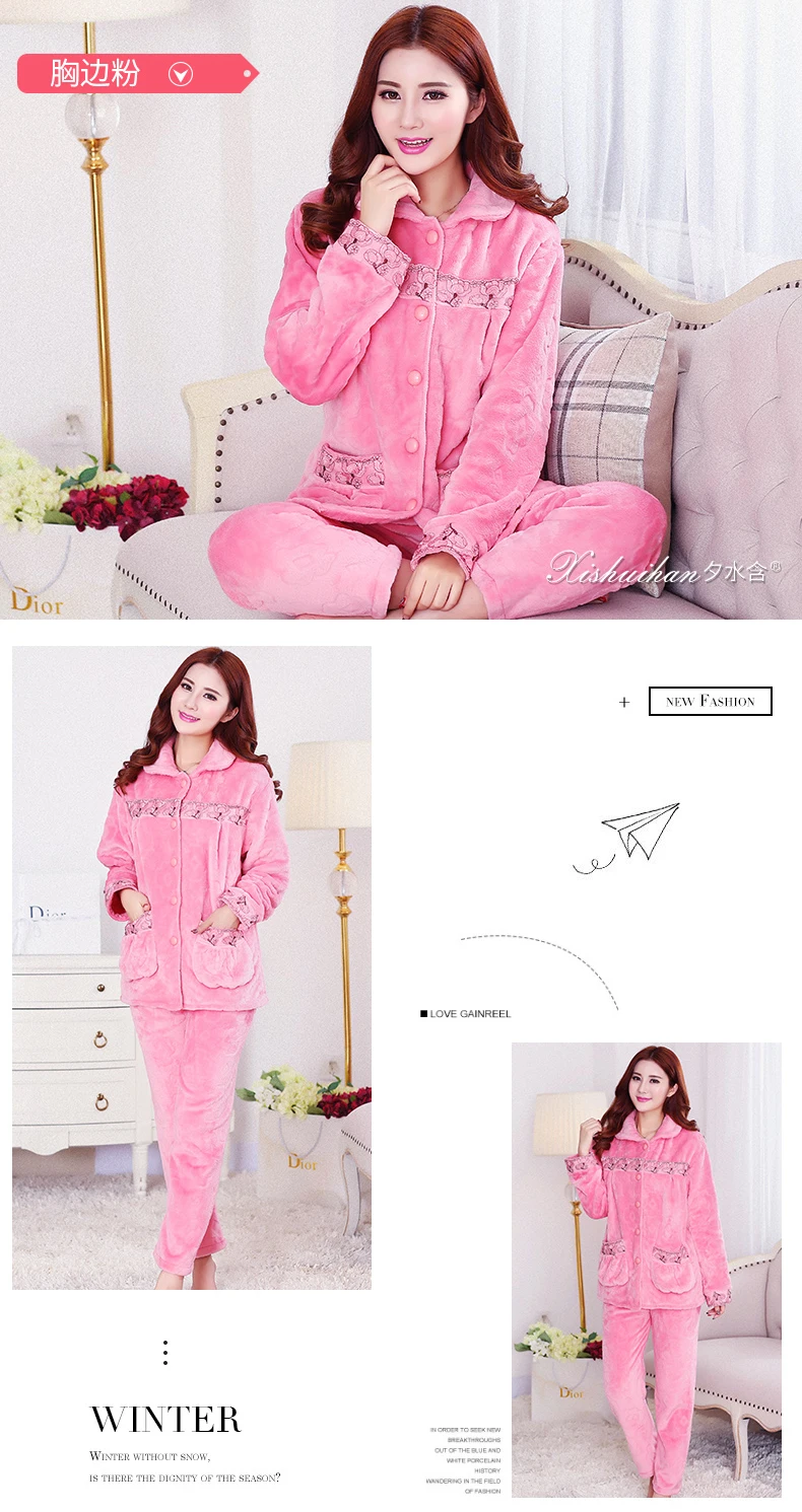 Women Winter Flannel Pajamas Thick Warm Winter Sleeping Clothes Two Piece Pajama Suits 2018 New Night Wear Nighty Clothes JW333 (20)