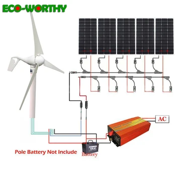 

ECOworthy 900W Wind Solar Hybrid System: 400W Wind Turbine Generator& 500W mono Solar Panel &12-100V/12-220V Inverter controller