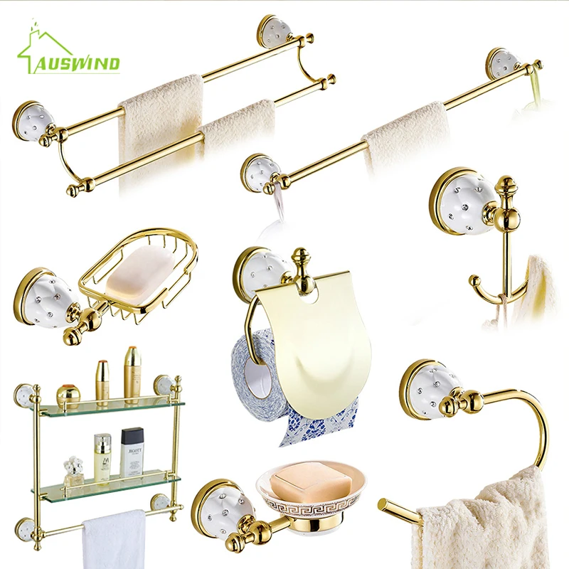 Diamond&Stars Bathroom Accessories Sets Crystal Brass Gold Bathroom Hardware Sets Wall Mounted Bathroom Products