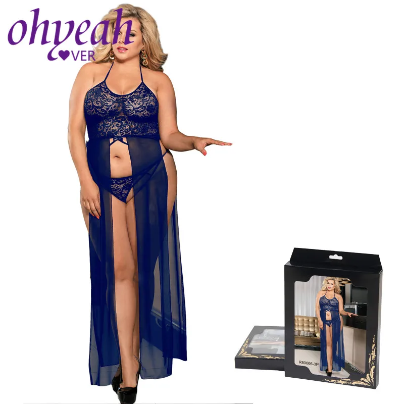 Ohyeahlover Sexy Long Lingerie Dress Babydolls Hollow Out Erotic Costumes Lace Women Dress For Sex Plus Size Split Gown RM80666