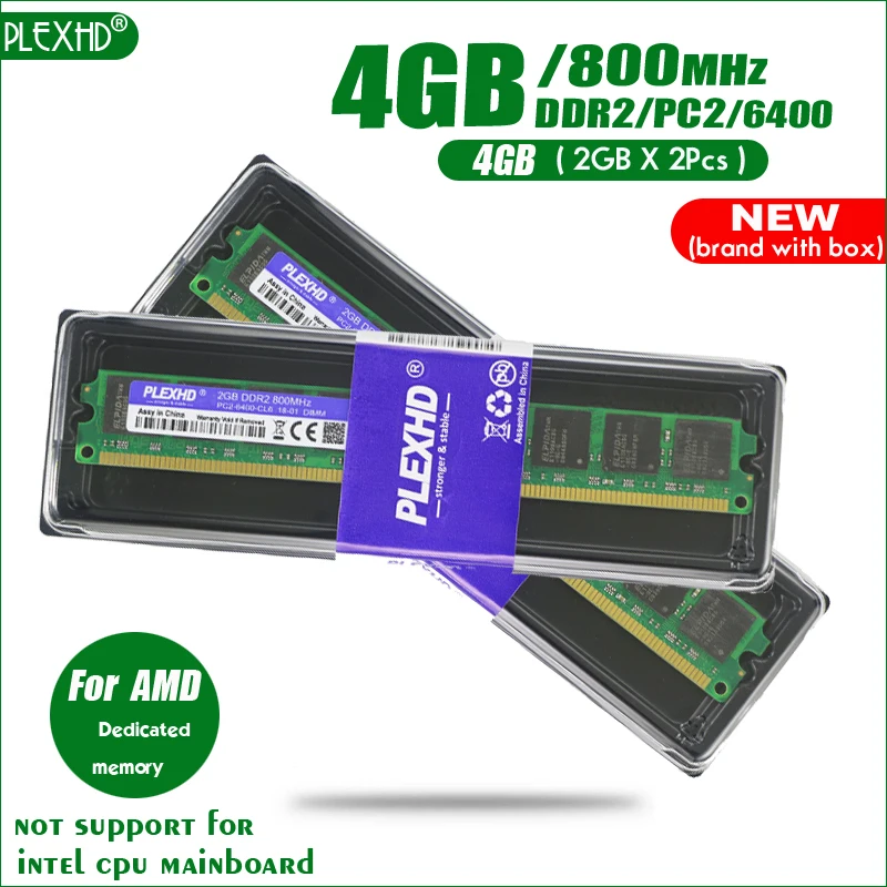 

PLEXHD New 4GB ( 2GB X 2Pcs ) DDR2 PC2-6400 800MHz For Desktop PC DIMM 2G PC2 6400 800 Memory RAM ( For AMD ) Fully compatible