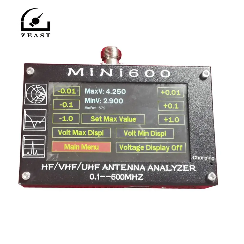 

MINI600 HF VHF UHF Antenna Analyzer 0.1-600MHZ Frequency Counter SWR Meter 0.1-1999 with 4.3" TFT LCD Touch Screen 5V/1.5A