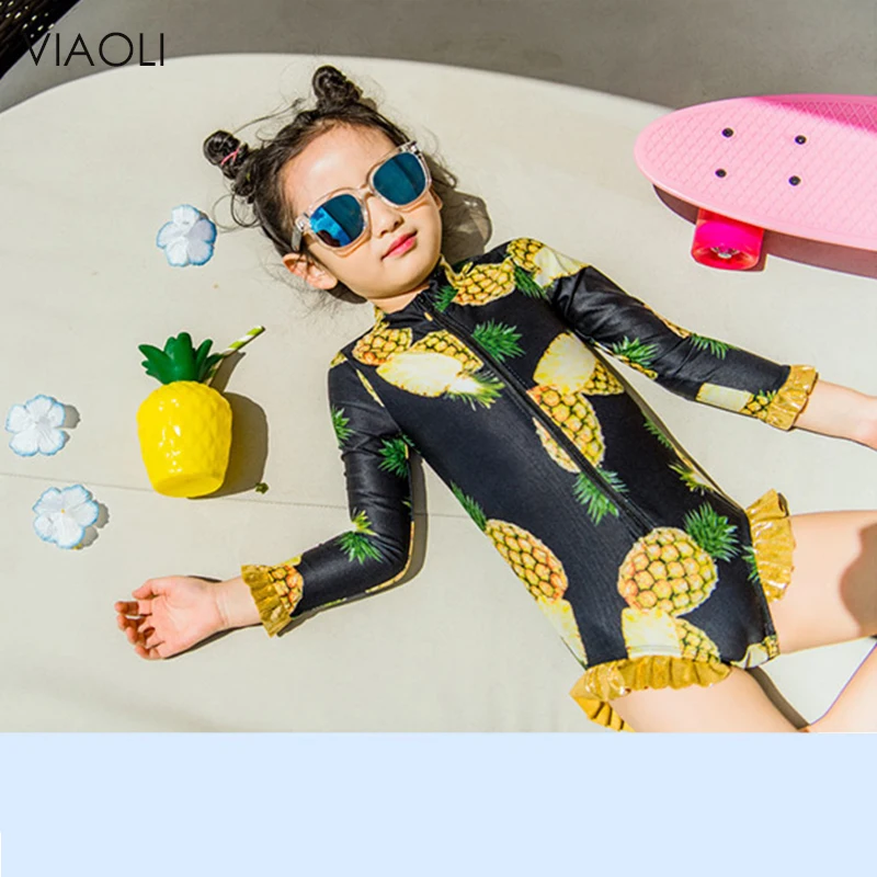 Viaoli Summer Long Sleeve Swimwear For Girls Bright Pineapple Print 