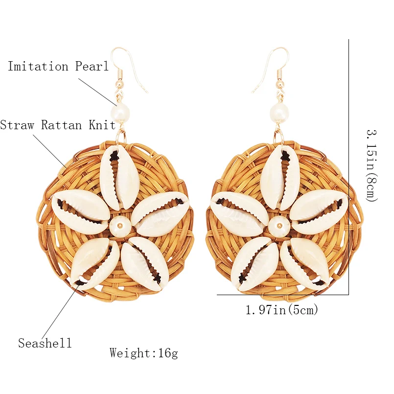 MANILAI Bohemia Straw Rattan Knit Shell Drop Dangle Earrings For Women Circular Big Statement Pendant Earrings Jewelry Gift
