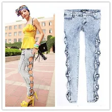 Women Jeans Pants buttons Butterfly Hollow Out Design Skinny Pants female Legging Floral Denim Jeans ripped skinny jeans woman