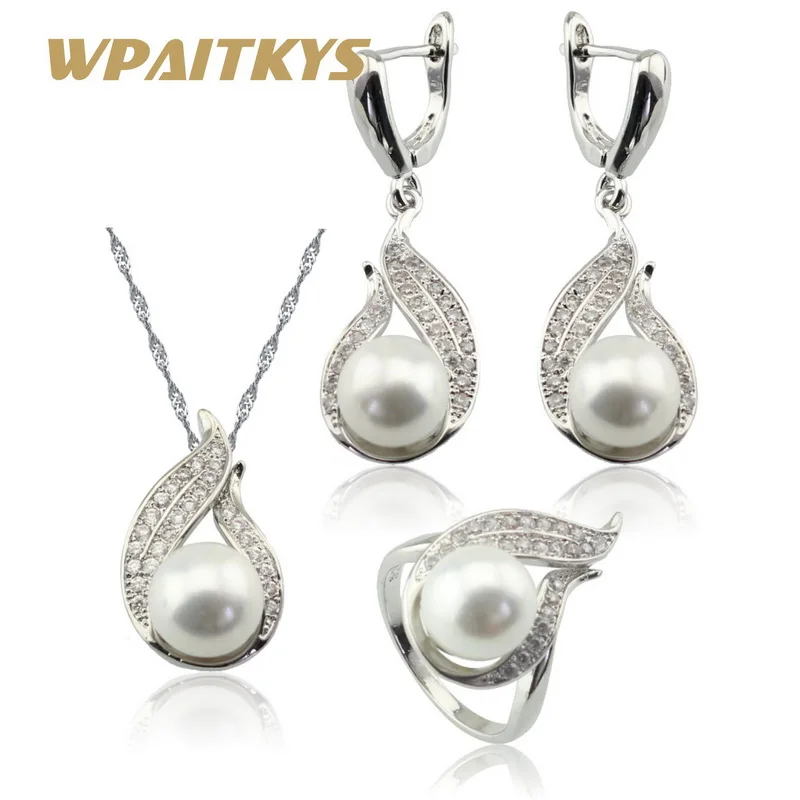 925 серебряные ювелирные наборы вечерние с белым пресноводным жемчугом женские ожерелья Длинные серьги с подвесками Кольца подарочная коробка