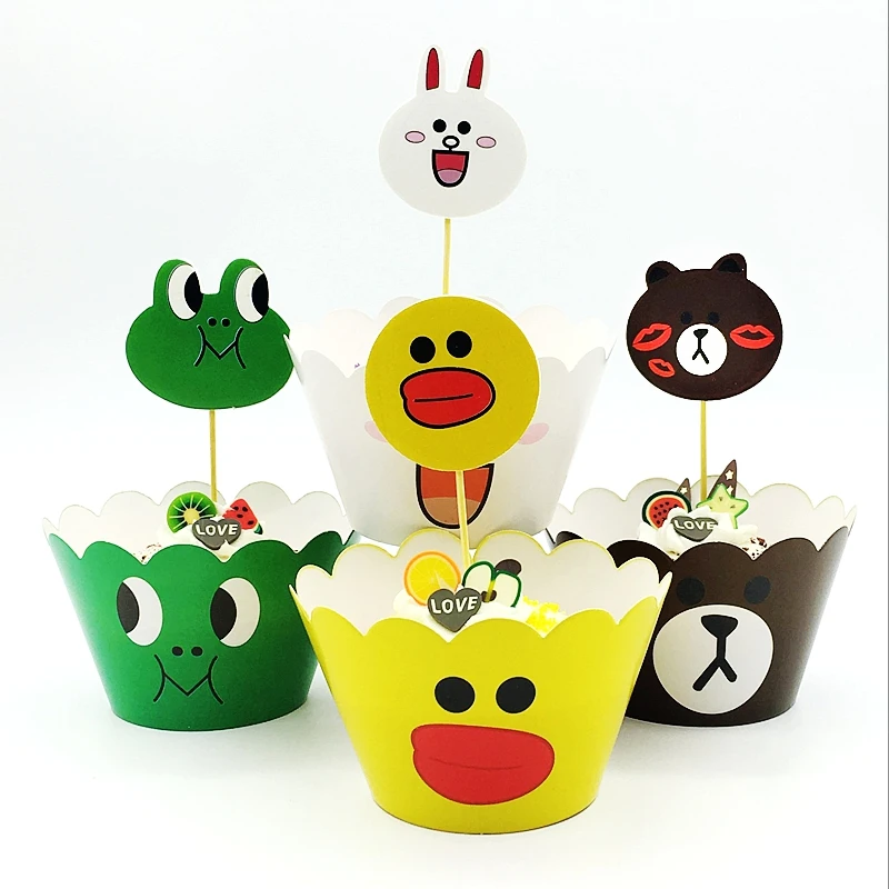 

24pcs Brown Bear Rabbit Yellow Duck Frog Cake Cupcake Wrappers Topper Animals Kids Birthday Party Wedding Decoration Supplies