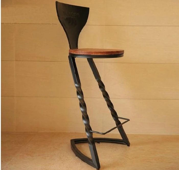 Industrial chair powder coating finish metal twist leg frame rounded wood w/backrest bar stool Industrial chair powder coating finish metal twist leg frame rounded wood w/backrest bar stool