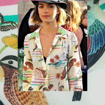 

Retro birds floral print pure mulberry silk double Georgette fabric,butterfly,sewing for dress,skirt,blouse,craft by the yard