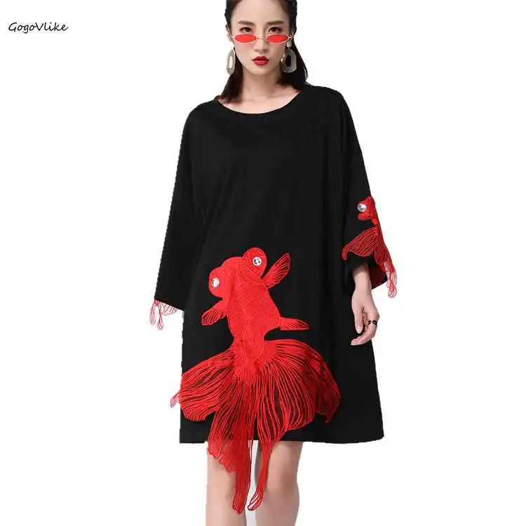 

Embroidery Fish Patch Top Tees 2019 Summer Women shirt Dress Pullovers femme Tee shirt Hip Hop Tshirts Plus Size LT735S40