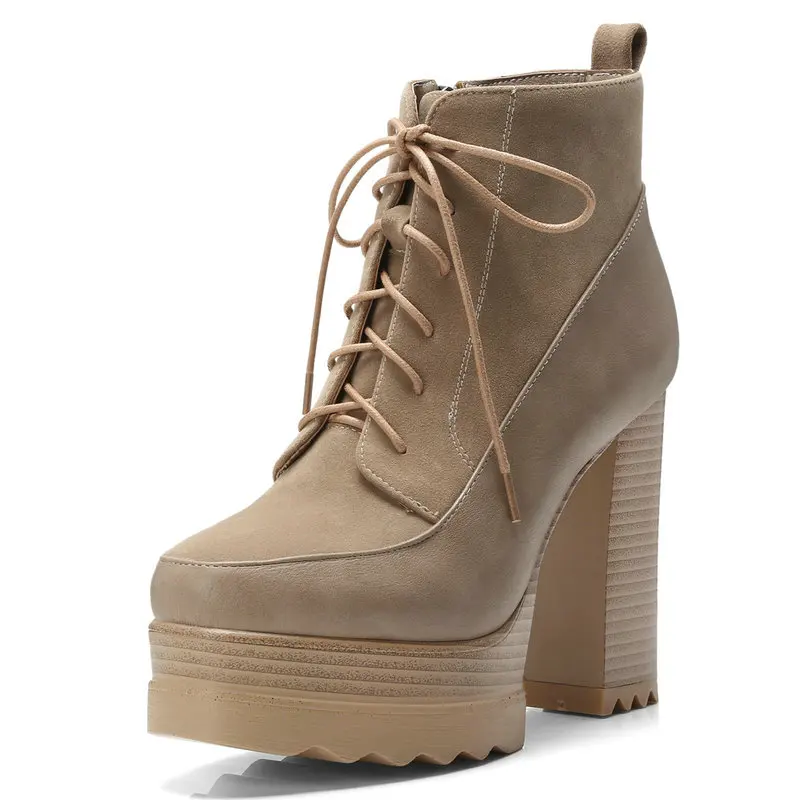 

Black Apricot Gray High Heel Platform Winter Boots Women Fashion Block Heel Ankle Boots for Women Party Lace-up Short Boots 2020