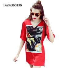 Европейская Новая модная летняя женская красная футболка с принтом из мультфильмов свободная тонкая с v-образным вырезом боковые отверстия хлопок длинные женские милые топы LY99