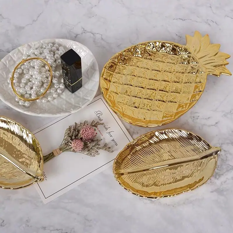 Decorative Gold Leaf Ceramic Plate Dish Porcelain Candy Trinket Dish Jewelry Fruit Serving Tray Storage Plate Crockery Tableware