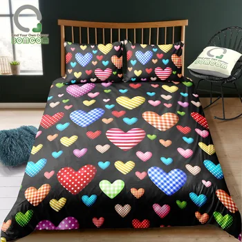 

BOMCOM 3D Digital Printing Bedding Set Colorful Stripe Dot Heart on Black 3-Piece Duvet Cover Sets 100% Microfiber