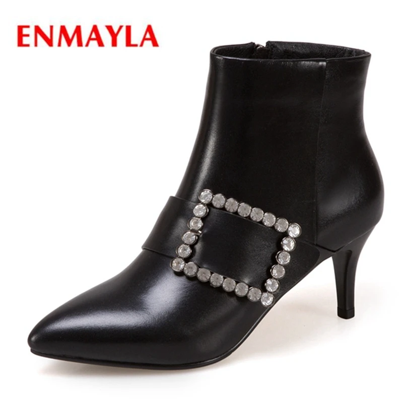 

ENMAYLA Genuine Leather Zip Basic Pointed Toe Ankle Boots Botas Mujer Shoes Woman Booties 2018 Woman Size 34-43 ZYL1489