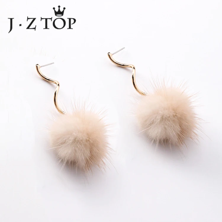 

Jztop Cute Mink Hair Ball Drop Earrings Woman Unique Spiral S Shape Geometric Dangle Earring Girl Winter Oorbellen Jewelry