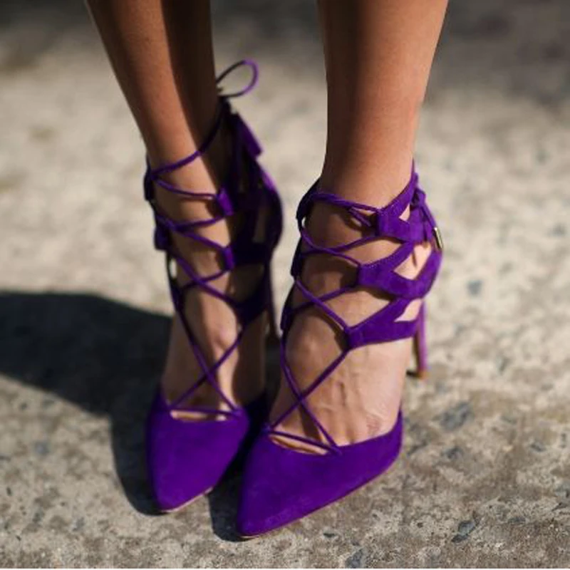 

Fashion Purple Belgravia High Heels Suede Women Pumps 2017 Spring New Cross-tied Lace Up Pointed Toe Lady Strappy Party Shoes