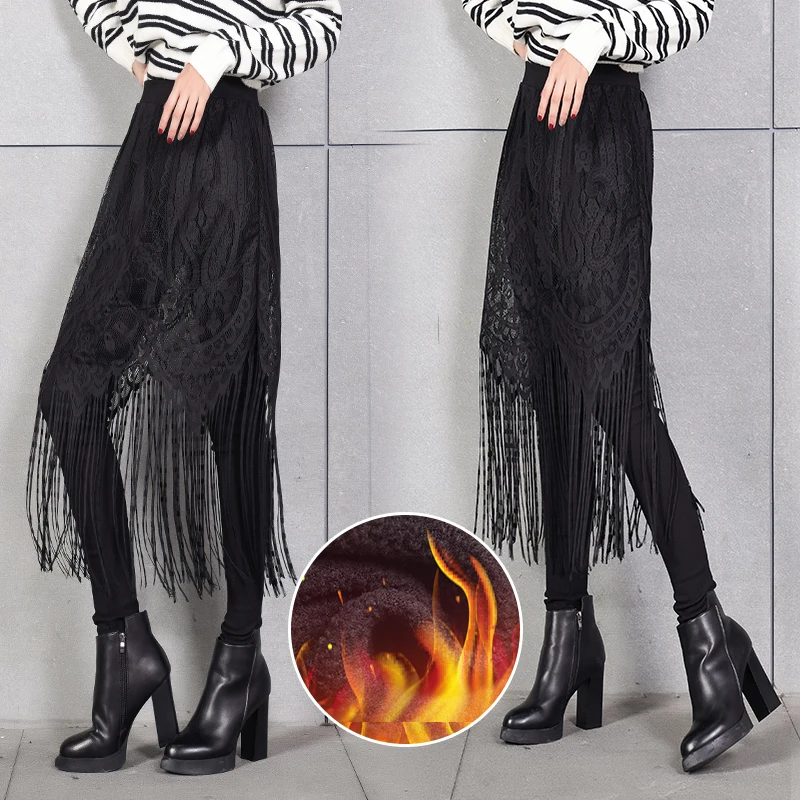 WKOUD зимние леггинсы с бахромой для женщин, утолщенная флисовая кружевная юбка с брюками, Популярные эластичные юбки, черные леггинсы P8106