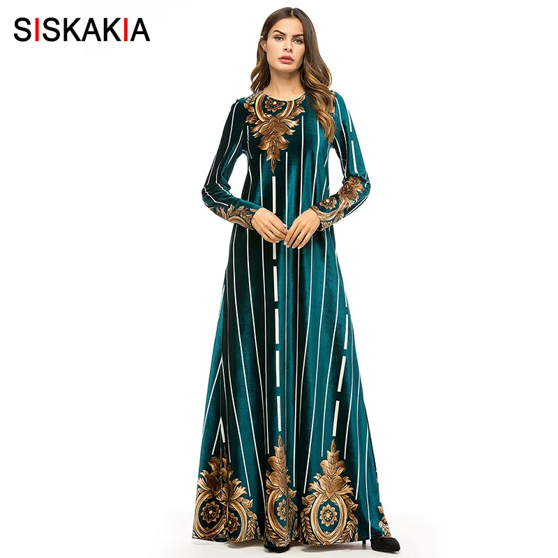 

Siskakia Women Long Dress Velvet Vintage Print Maxi Dresses Autumn Fall 2018 Muslim Ramadan Dress Elegant Round Neck Long Sleeve