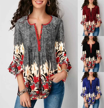 

Women Blouse Vintage Floral Printed Causal Loose Tunic Female Blusas Mujer 2019 Fashion 3/4 Sleeve Shirt Clothing 5xl Plus Size