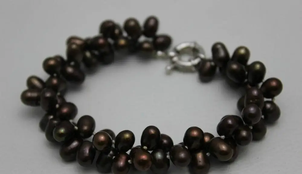 

2strands twist brown 6x8mm freshwater pearl bracelet Beaded 9"Alloy "Handmade