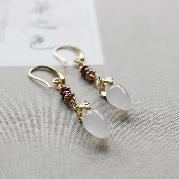 

red feather handmade classical earbob tassel Costume Accessories cheongsam Hanfu cos natural chalcedony stones Earrings