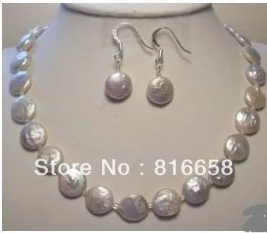 

hot Free shipping@@Charming white Cultured Coin Pearl Necklace Earrings set (A0423)
