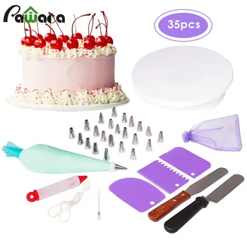 

35 pcs Cake Decorating Tools With Stainless Steel Icing Tip Cake Rotating Turntable Pastry Bag Nozzles Spatula Set Pastry Tools
