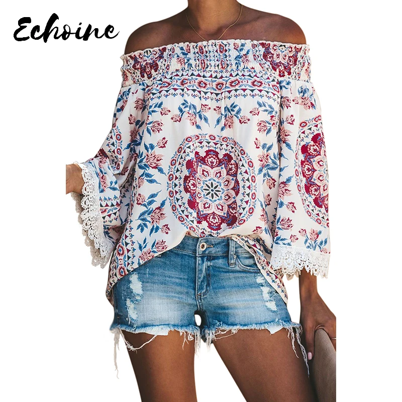 

Echoine Women White Secret Escape Off The Shoulder Floral Printed Top Autumn Spring Slash Neck Long Sleeve Lace Casual Blouse