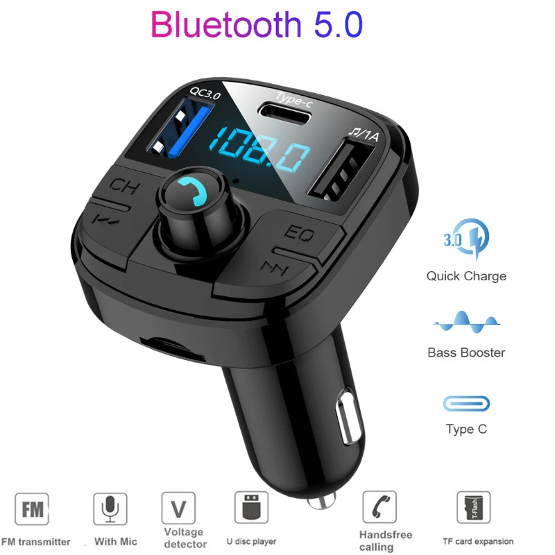 

Handsfree Bluetooth Car Kit One-key Control Wireless Bluetooth FM Transmitter LCD MP3 Player QC3.0 USB Charger Type-C Hands Free