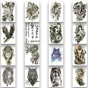 

Temporary Tattoo Sticker Disposable Waterproof Tattoo Owl Wolf China Dragon Black Water Transfer Paper Buddhism Fashion Body Art