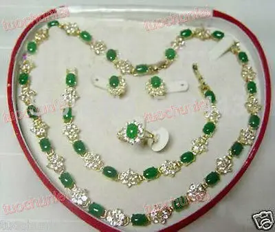 

FREE SHIPPING>>@> Wholesale JWEW6529 Popular jewelry Green Jade Crystal inlay Necklace Bracelet Ring Earring Set Natural jewelry