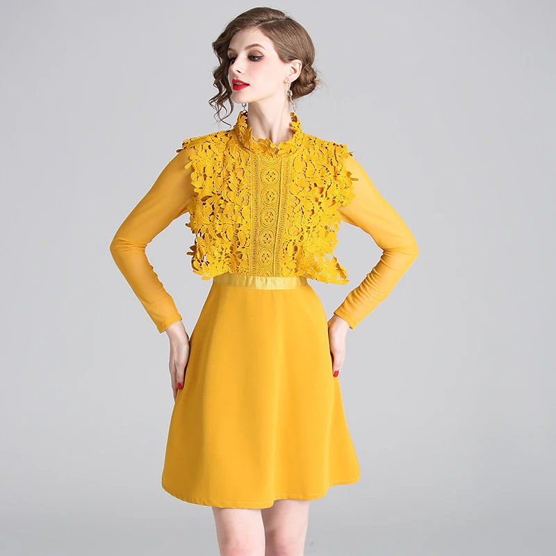 

HAMALIEL Spring Party Dress New Fashion Women Yellow Lace Patchwork Mesh Long Sleeve Dress Elegant Slim Hollow Out Vestidos