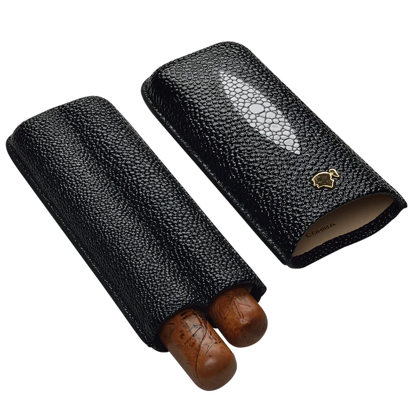 COHIBA High-end Excellent Black Carbon Fiber Leathrer Holder 3 Lined Wood Tube Cigar Case